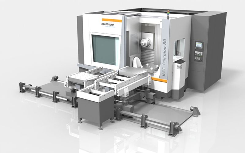 Die entwickelte Palettenautomation für den schnellen Palettenwechsel erhöht zusätzlich die Produktivität der Bearbeitungszentren. (Bild: Handtmann)