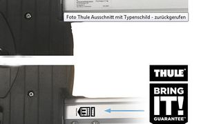 Fahrradträger vom Typ Thule Sprint mit der Produktnummer 569000 sollten nicht mehr genutzt werden, wenn sie nicht das Garantie-Logo „BringIt!“ tragen (zum Vergrößern bitte klicken) (KBA/Thule)