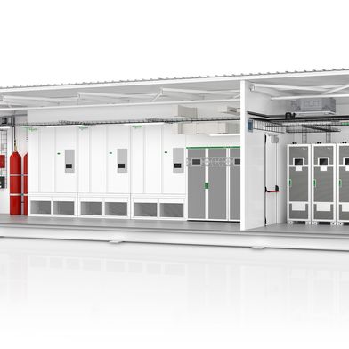 Alles in einem werksseitig getesteten Gehäuse: Die vorgefertigten Power-Module von Schneider Electric bündeln kritische Infrastruktur wie die Galaxy VXL USV, Lithium-Ionen-Batterien, Kühlung und Schaltanlagen für Kapazitäten bis 2,5 MW.  (Bild: Schneider Electric)