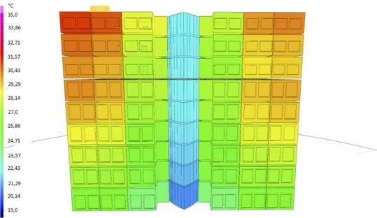 (Bürogebäude ohne Nachtauskühlung (15 Uhr): Die maximale Temperatur ohne Nachtauskühlung betrug in den exponiertesten oberen Büros am 5. Mai bereits 31,07 °C. Bild: InnoVision GmbH)