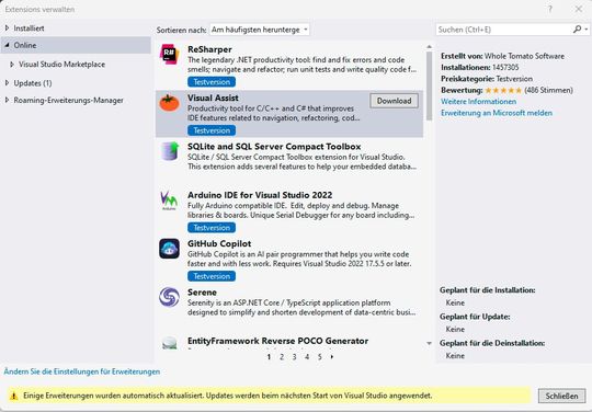 Integration von Visual Assist als Extension in Visual Studio 2022.(Bild:  Krypczyk & Bochkor / Microsoft)