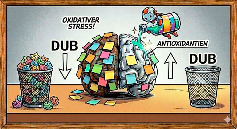 Im alternden Gehirn hemmt oxidativer Stress die Aktivität von Deubiquitylasen, die für die Regulierung des Proteinabbaus wichtig sind. Ubiquitin-Markierungen an Proteinen können daher nicht mehr effizient entfernt werden. Das Gute ist, dass ist reversibel(Bild:  Gemini / Bild: FLI / Kerstin Wagner; KI-generiert mit Google Gemini / KI-generiert)