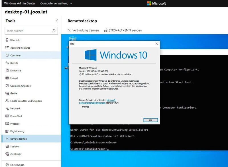 Remotedesktopverbindungen sind über einen Webbrowser mit dem Windows Admin Center ohne Zusatztools möglich. (Joos / Microsoft)