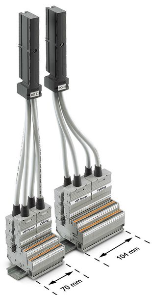 Beim Einsatz von Doppelstockklemmen bis 1,5 mm² Anschlussquerschnitt lassen sich 40 Signale auf 70 mm rangieren, bei 2,5 mm² Anschlussquerschnitt beträgt die Baubreite 104 mm. (Bild: Phoenix Contact)