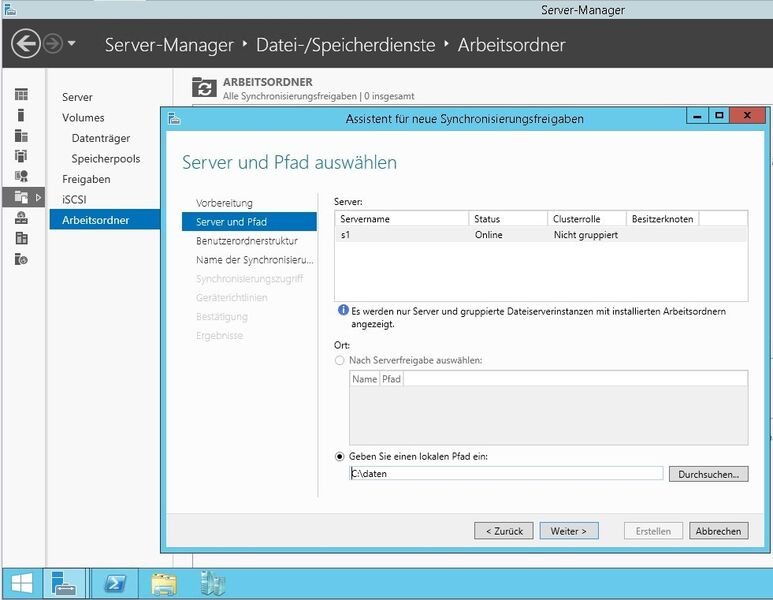 Abbildung 10: Um Arbeitsordner für Windows 8.1 bereitzustellen, müssen Administratoren auf dem entsprechenden Dateiserver mit Windows Server 2012 R2 die Serverrolle Datei-/Speicherdienste\Datei- und iSCSI-Dienste\Arbeitsordner installieren. Die anschließende Einrichtung erfolgt im Server-Manager. (Bild: Joos)