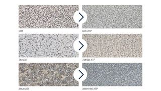 Die Gefüge üblicher Stähle (links) im Vergleich zu mit dem per XTP (Extreme Performance Technology) veredelten Varianten. (Bild: Swiss Steel Group)