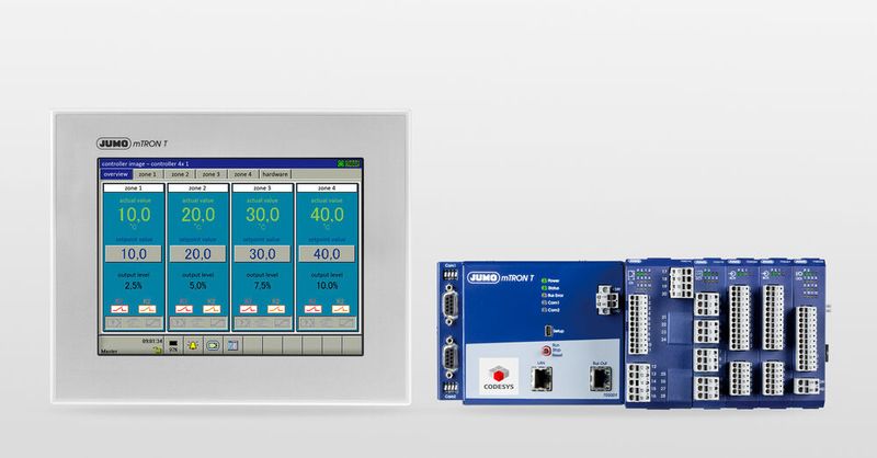 Die Zentraleinheit Jumo mTron T beinhaltet das Prozessabbild der Applikation und verwaltet die Konfigurations- und Parameterdaten des Gesamtsystems. Für individuelle Steuerungsaufgaben sind neun Programmgeber und umfangreiche Grenzwertüberwachungen verfügbar. (Bild: Jumo)