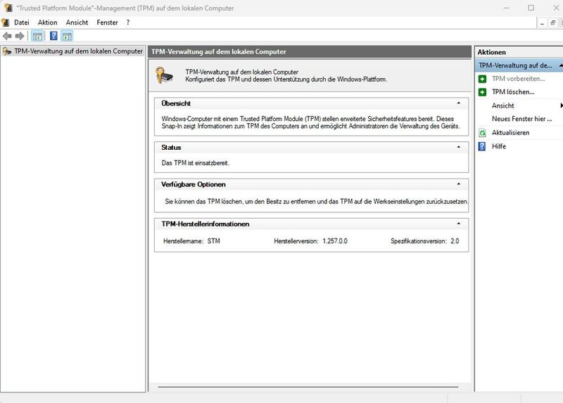 Die Geräteverschlüsselung in Windows 10 und Windows 11 benötigt ein eingerichtetes TPM-Modul. Die Funktion kann in Windows überprüft werden. (Bild: Joos)