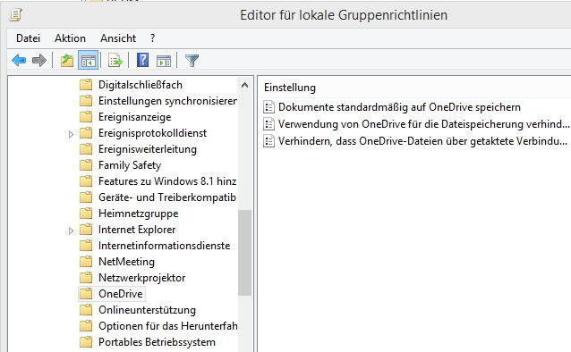 Sollen Anwender in Windows 8.1 kein OneDrive (ehemals SkyDrive) nutzen, können Administratoren die Anbindung über Gruppenrichtlinien deaktivieren. Administratoren navigieren dazu zu „Computerkonfiguration/Administrative Vorlagen/Windows-Komponenten/OneDrive“. (Bild: VBM)