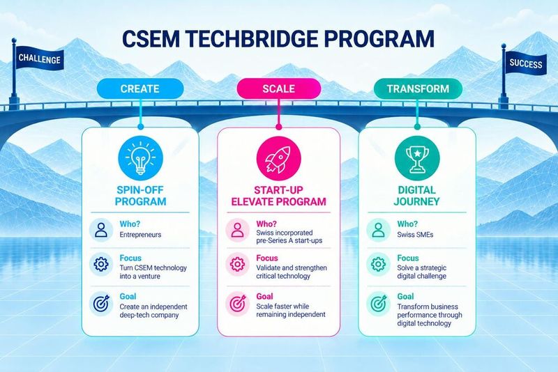 CSEM Techbridge verbindet Unternehmerinnen und Unternehmer, Start-ups und Schweizer KMU mit dem jeweils passenden Unterstützungsangebot von CSEM – von der Gründung eines CSEM-Spin-offs über die Skalierung eines Deep-Tech-Start-ups bis hin zur digitalen Transformation eines KMU. (Bild: CSEM)