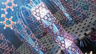 Die Abbildung zeigt mehrere parallel angeordnete nanometerkleine Röhren als Teil der Membran, in der die photokatalytische Reaktion abläuft. Die Membran ist ein makroskopisches Objekt, das aus einem Ensemble solcher Röhren besteht. (Max-Planck-Institut für Kolloid- und Grenzflächenforschung / ScienceBrush Design)