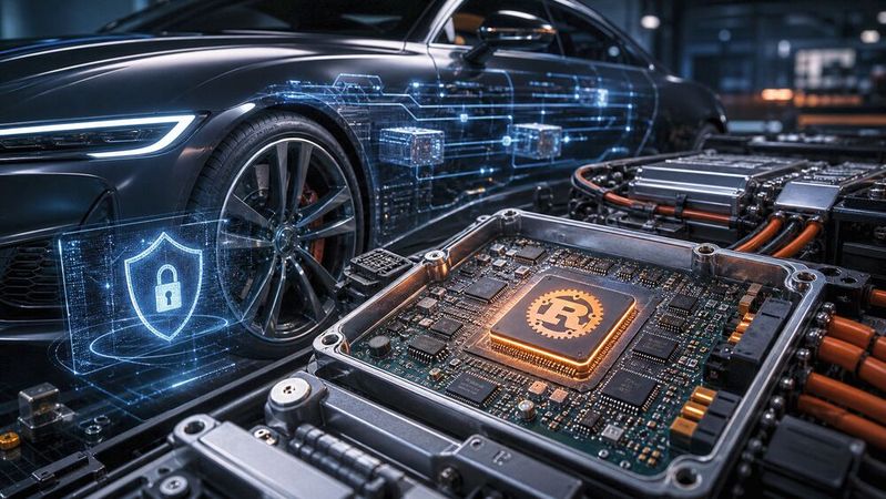 Rust hält Einzug in die Fahrzeugsoftware und adressiert vor allem Speicher- und Sicherheitsrisiken in vernetzten Steuergeräten. Für OEMs und Zulieferer stellt sich damit weniger die Frage „Rust oder C“, sondern welche Komponenten zuerst von einem Wechsel profitieren.(Bild:  Dall-E / KI-generiert)