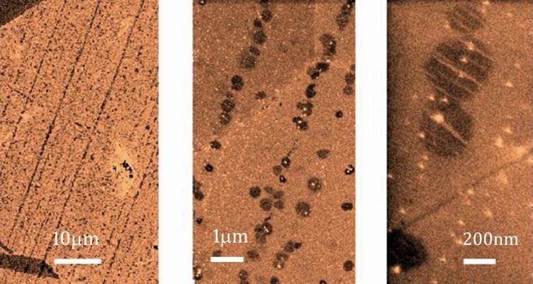 Detailed view: Images of early-stage growth of graphene on copper. The lines of hexagons are graphene nuclei, with increasing magnification from left to right, where the scale bars from left to right correspond to 10 μm, 1 μm, and 200 nm, respectively. The hexagons grow together into a seamless sheet of graphene  (Source: Nature Communications)