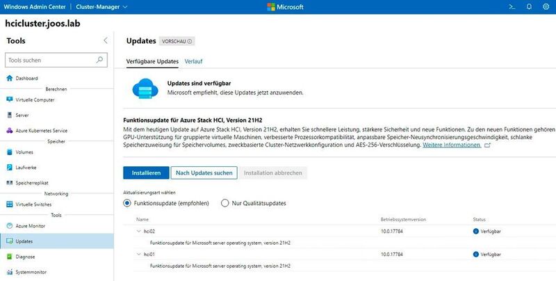 Auch die Aktualisierung zu Azure Stack HCI 21H2 kann mit dem Windows Admin Center vorgenommen werden. (Microsoft / Joos)