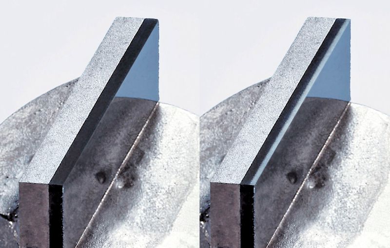 Bild 4: Scharfkantiges Ergebnis: die Schneidkante des Werkstückes nach der Behandlung in der Universalschärfmaschine. (Bild: Vollmer)
