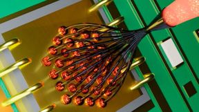 Monolithisches Packaging: Die mikroskalige Photonic Lantern wird ohne zusätzliche Linsen direkt auf den VCSEL-Chip gedruckt. (Bild: Yoav Dana)