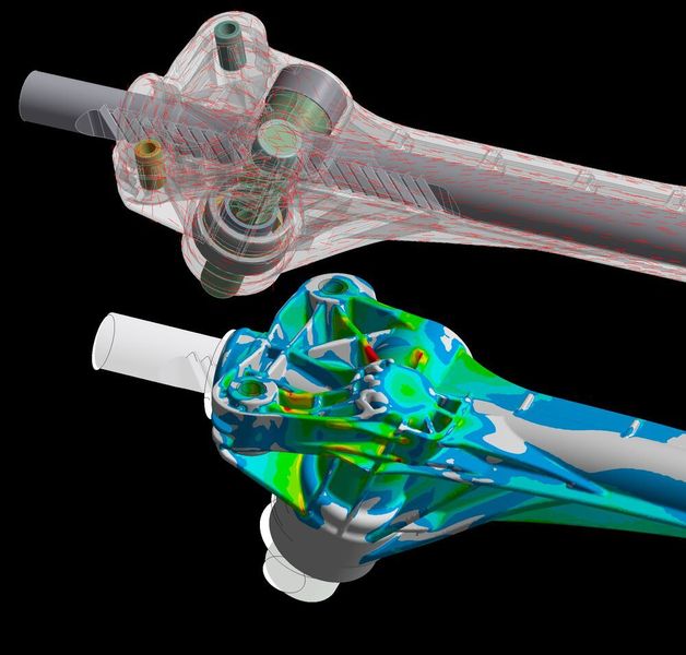 Auch Ansys Mechanical hat ein Update erhalten. Die neueste Version bietet die Möglichkeit, die realistischen und komplexen Details von spritzgegossenen Kunststoffen zu modellieren, wie z. B. die Orientierung der Fasern und das Vorhandensein von Einspritzspannungen in den Teilen. Das Bild zeigt eine Simulation von Lenkungskomponenten bei der Thyssenkrupp Presta AG.  (Ansys)