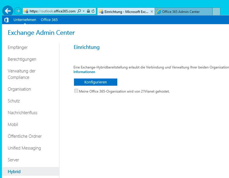 Abbildung 1: Den Office 365 Hybrid Configuration Wizard rufen Administratoren über das Exchange Admin Center auf. (Bild: Joos)