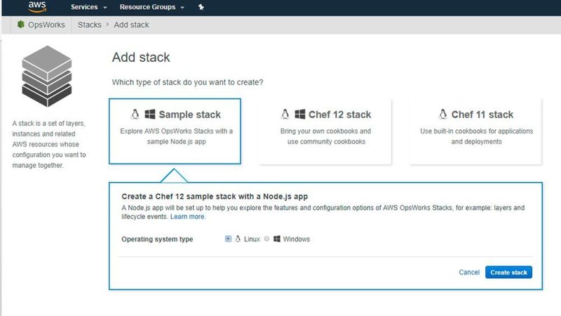 Mit der Option „Sample stack“ lässt sich ein Beispiel-Stack für eine Node.js-Anwendung erstellen, mit deren Hilfe der Nutzer erste Erfahrungen mit OpsWorks sammeln kann.  (Drilling / AWS)