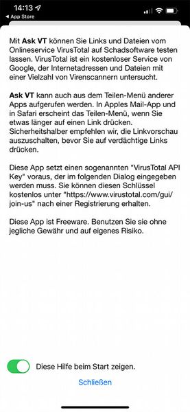 Mit der App Ask VT kann auch auf iPhones und iPads aus verschiedenen Apps heraus nach Viren gesucht werden.  (Bild: Joos)