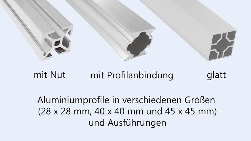 Im Portfolio von BeeWaTec haben wir Aluminiumprofile in den Größen 28 x 28 mm, 40 x 40 mm und 45 x 45 mm. Die Ausführungen unterschieden sich hierbei durch Ihre Anbringungsmöglichkeiten, mit Nut, mit Profilanbindung oder glatt. (Bild: BeeWaTec AG)