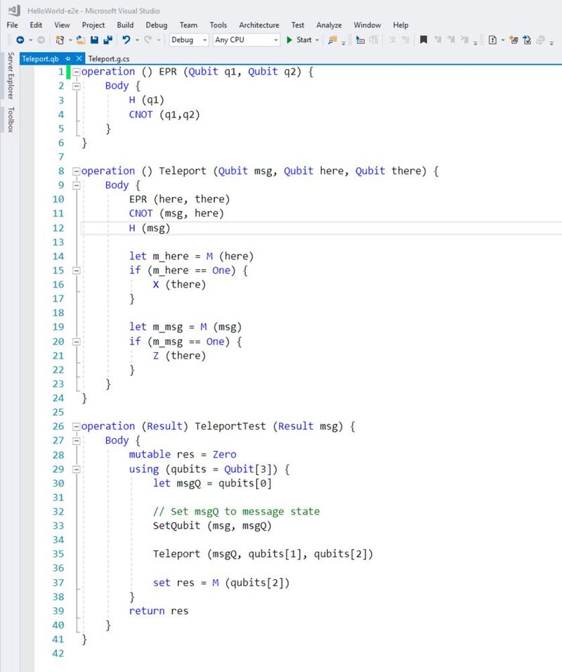 Beispielcode aus Microsofts neuer Programmiersprache zur Teleportation von Daten zwischen zwei Qubits.