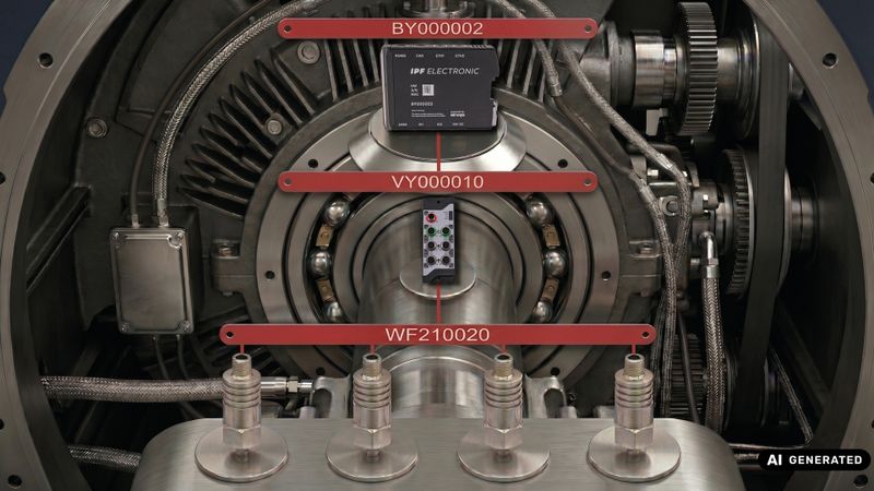 Ein Schwingungssensor liefert alle relevanten Daten einer Abfragestelle. Der Schwingungssensor WF210020 in Kombination mit dem IIoT-Gateway BY000002 und dem IO-Link-Master VY000010. (Bild:  IPF - KI-generiert)