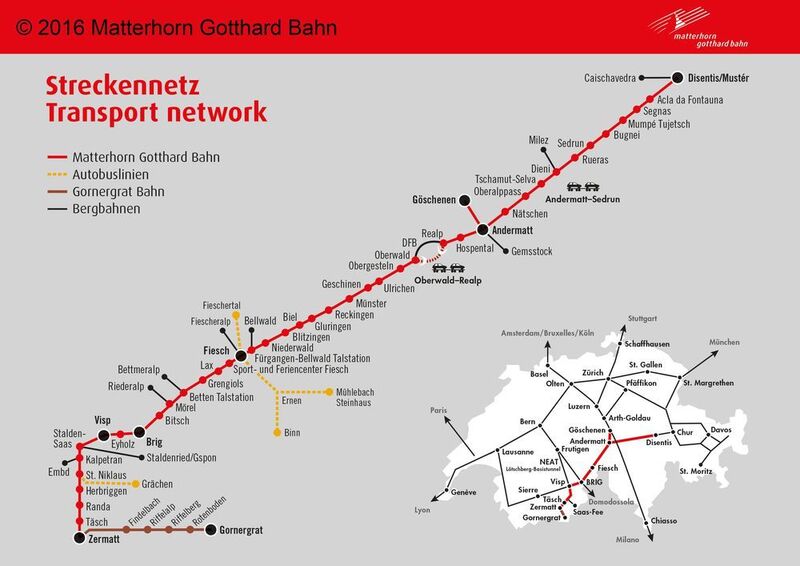 Das Streckennetz der Bahn beläuft sich auf 144 km und überwindet dabei über 2.000 Höhenmeter. (Matterhorn Gotthard Bahn)