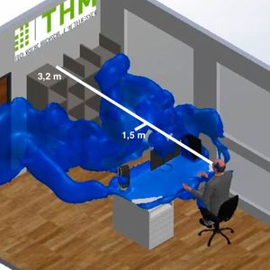 Die Simulation ohne Maske zeigt, wie sich die Aerosolwolke innerhalb einer Sekunde mehr als 2,5 Meter weit in Niesrichtung verbreitet. Maximal verbreitet sie sich bis zu 8 Meter weit.  (Bild:  THM)