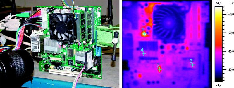 Bild 1: Das Mainboard wird im laufenden Betrieb mit einer Wärmebildkamera beobachtet (links), um sicherzustellen, dass es im erweiterten Temperaturbereich stabil läuft. Hotspots werden im Wärmebild identifiziert (rechts).  Bild: Fujitsu Technology Solutions (Archiv: Vogel Business Media)
