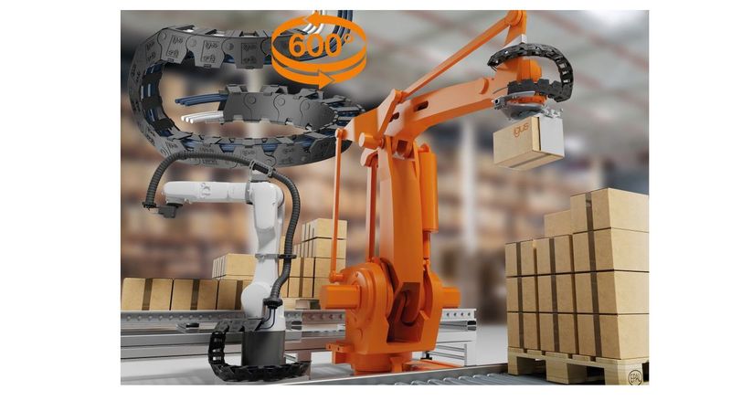 Ein Produkt, zwei Lösungen: Die freitragende twisterchain bietet  Energieführung mit über 600° Rotation, schneller Montage, maximale Flexibilität und hoher Lebensdauer für Robotikanwendungen. (Bild:  igus SE  & Co. KG)