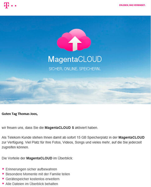 Freischalt-E-Mail der Telekom für MagentaCloud S. (Joos)