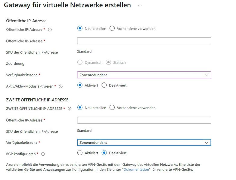 Festlegen der IP-Adressen und Verfügbarkeitszonen für ein neues Azure VPN-Gateway (Bild: Joos - Microsoft)