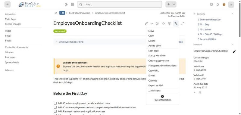 Das freigegebene Onboarding-Dokument führt Dokumenttyp, Gültigkeit und Audittermin als Metadaten und lässt sich sperren, in einen Workflow schicken, versionieren und mit Lesebestätigung verteilen. (Bild: Joos – Hallo Welt!)