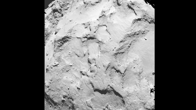 Das Kreuz markiert den Mittelpunkt der Lande-Ellipse für den Landeplatz J, der für die erste Landung auf einem Kometen überhaupt ausgewählt wurde. (Bild: ESA)