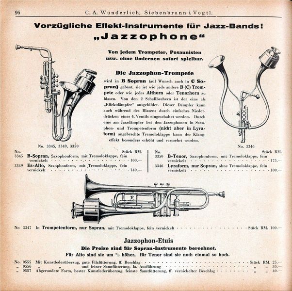 Katalogblatt von C. A. Wunderlich aus Siebenbrunn im Vogtland. Auf der rechten Teilabbildung sieht das Jazzophone einer Lyra ähnlich. (Bild: Wunderlich)
