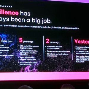 CEO Sanjay Mirchandani erläutert auf dieser Zeitlinie die Entwicklung der Datensicherungssysteme seit zehn Jahren. Ganz rechts ist in der Spalte „Yesterday“ zu lesen, dass passive Sicherheitsmodelle „en masse versagen“.(Bild:  Commvault)