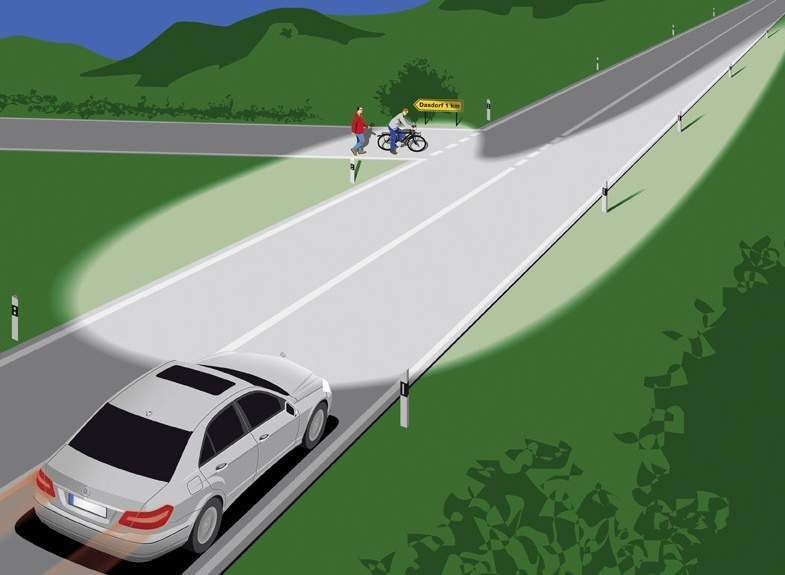 Intelligent Light System – Funktion 1: Das Landstraßenlicht leuchtet den linken Fahrbahnrand besser aus. (Archiv: Vogel Business Media)