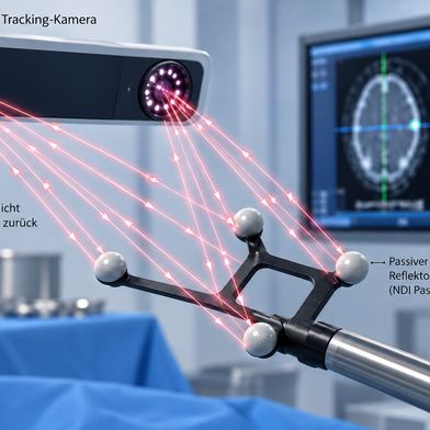 Schema: Passive Reflektormarker werfen das Infrarotlicht der Tracking-Kamera zurück; daraus ermittelt das System Lage und Ausrichtung des Instruments. Fehler der Beschichtung stören diese Erkennung. (Bild: KI-generierte schematische Illustration nach Angaben von Medtronic und Northern Digital Inc. (NDI))