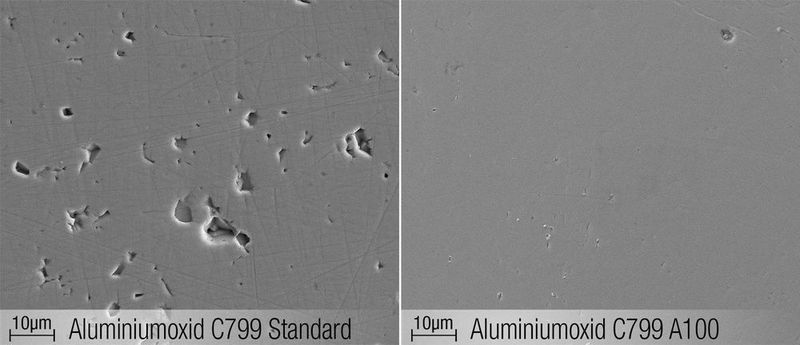 Vergleich der keramischen Struktur bei polierten Oberflächen: links  Aluminiumoxid C799 Standard , rechts  Aluminiumoxid C799 A100 (Sembach)