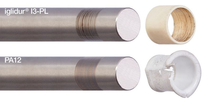 Im Testlabor zeigte sich in der rotierenden Bewegung der deutlich stärkere Verschleiß der Gleitlager aus SLS-Standardmaterial (PA12) gegenüber Iglidur I3-PL. (Igus)