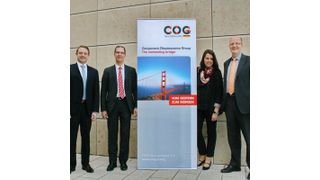 Bilden zusammen mit Kassenwart Matthias Kohls (Bombardier) für die nächsten zwei Jahre das Vorstandsgremium des COG Deutschland e.V. (v.l.): Vorstandsvorsitzender Ulrich Ermel (TQ-Group), Axel Wagner (Würth Elektronik eiSos), Anke Bartel (BMK Group) und der stellvertretende Vorstandsvorsitzende Dr. Christian Gerber (Siemens). (Bild: COG Deutschland e.V.)