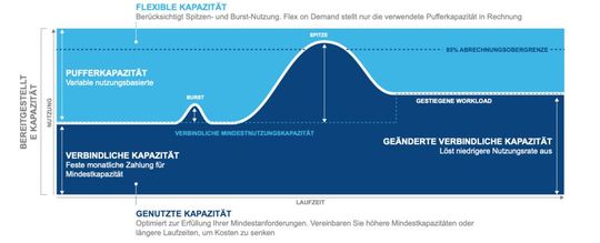 Ein Bestandteil der Dell APEX Custom Solutions ist Dell APEX Flex on Demand. Diese Lösung sieht Mindest- und Pufferkapazitäten vor. Dadurch können AnwenderInnen bei Auftreten von Lastspitzen auf zusätzliche Rechenleistung und Storage-Kapazitäten zurückgreifen.(Bild:  Dell Technologies)