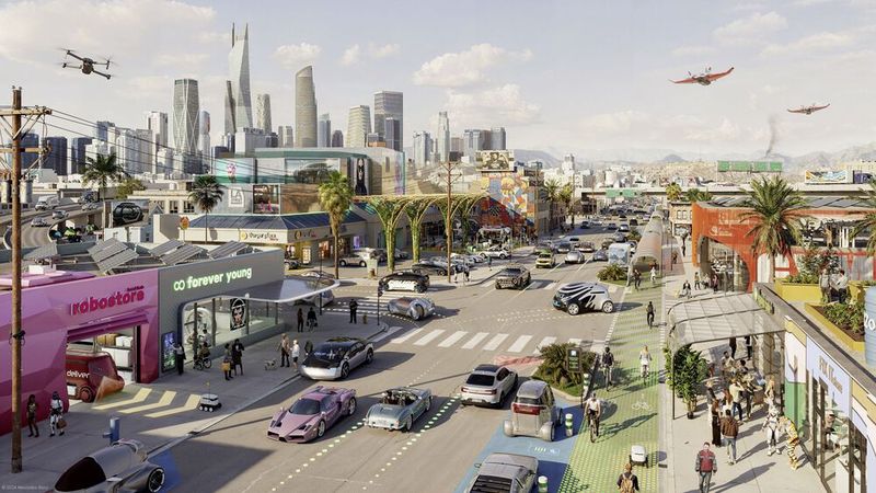 Los Angeles 2040+: Es gibt separate Fahrspuren für automatisierte Fahrzeuge, Robo-Taxis und Fahrräder. (Bild: Mercedes-Benz)