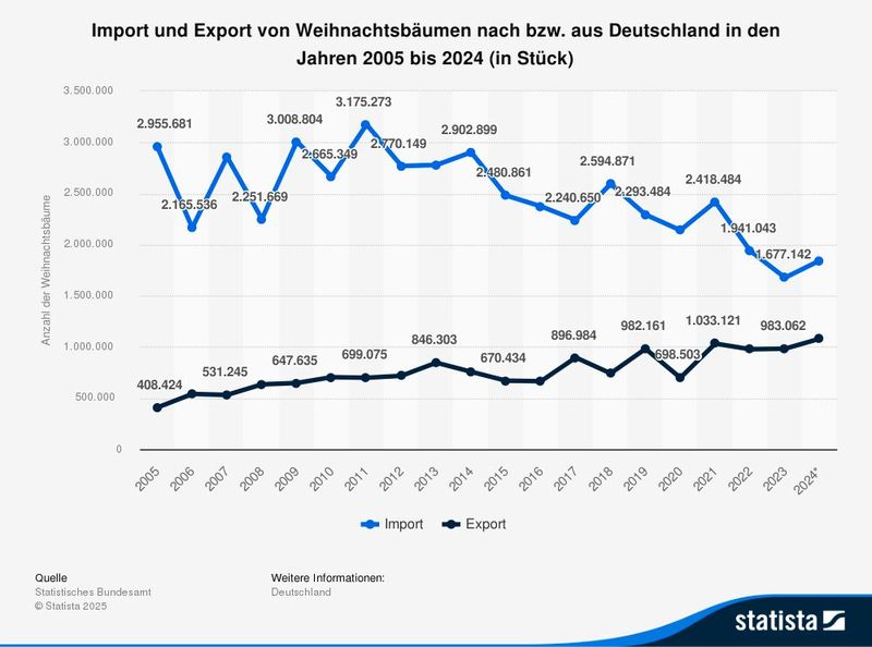 Im Jahr 2024 wurden rund 1,8 Millionen Weihnachtsbäume nach Deutschland eingeführt. Damit übertraf die Importmenge von Weihnachtsbäumen dessen Exportmenge. (Bild: Statistisches Bundesamt)