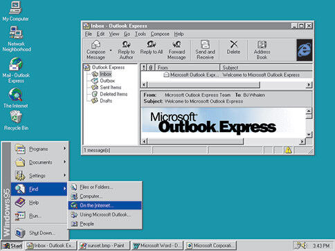 Der Windows-95-Desktop. Merkmale wie das Startmenü oder die Taskleiste sollten auch in späteren Editionen essentielle Merkmale des Betriebssystems bleiben.