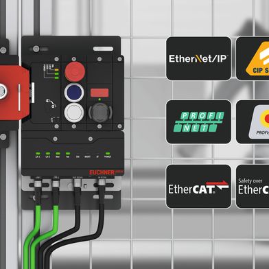 Der modulare Aufbau der MGB2 mit Standardkomponenten erlaubt maßgeschneiderte und kosteneffiziente Anwendungen mit hoher Flexibilität bei Ausführung und Skalierung. Für Vielseitigkeit bei der Kommunikation sorgt das Busmodul, das Profinet, EtherCAT (P) und EtherNet/IP unterstützt. (Bild: Euchner)