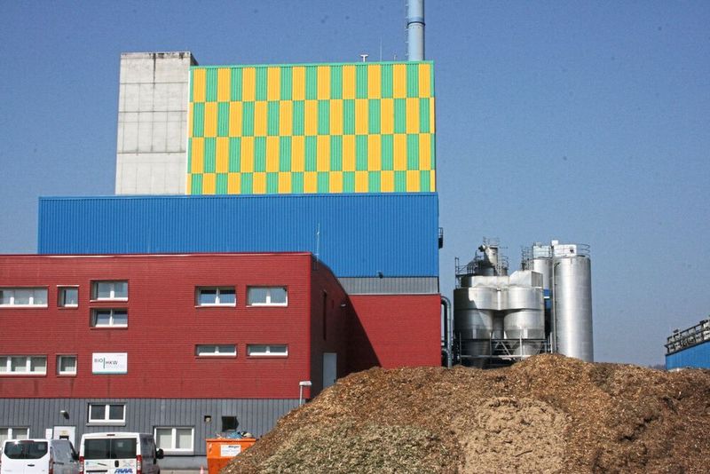 Holzhackschnitzel vor einem Kraftwerk  (Bild: Harald Thorwarth/ Hochschule für Forstwirtschaft Rottenburg)