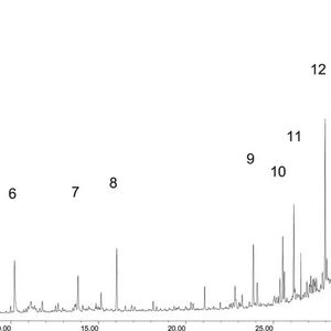 Abb.2: Prüfkammermessung: Gaschromatogramm einer Probe, die während der letzten 10 min eines Druckvorgangs genommen wurde.
Detektiert wurden VOC: 1 = Essigsäure, 2 = Hexanal, 3 = Ethylbenzol, 4 = Xylol, 5 = Styrol, 6 = Benzaldehyd, 7 = Acetophenon, 8 = Cyclo-decan (interner Standard), 9 = Tetradecan, 10 = 2,6-Di-Tert.-Butyl-p-Benzochinon, 11 = Pentadecan und 12 = Hexadecan. SVOC: 13 = Isopropyllaurat, 14 = Di-Isopropylnaphthalin (sechs Isomere), 15 = Octadecan.