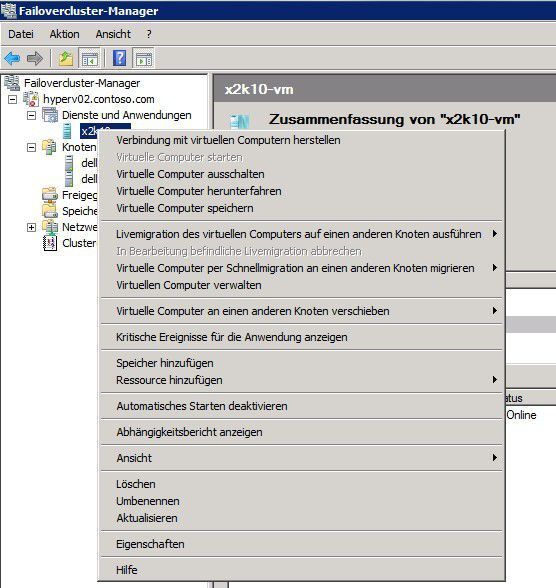 Verwaltung der Livemigration und anderer Aufgaben für virtuelle Maschinen im Failovercluster-Manager von Windows Server 2008 R2 (Archiv: Vogel Business Media)
